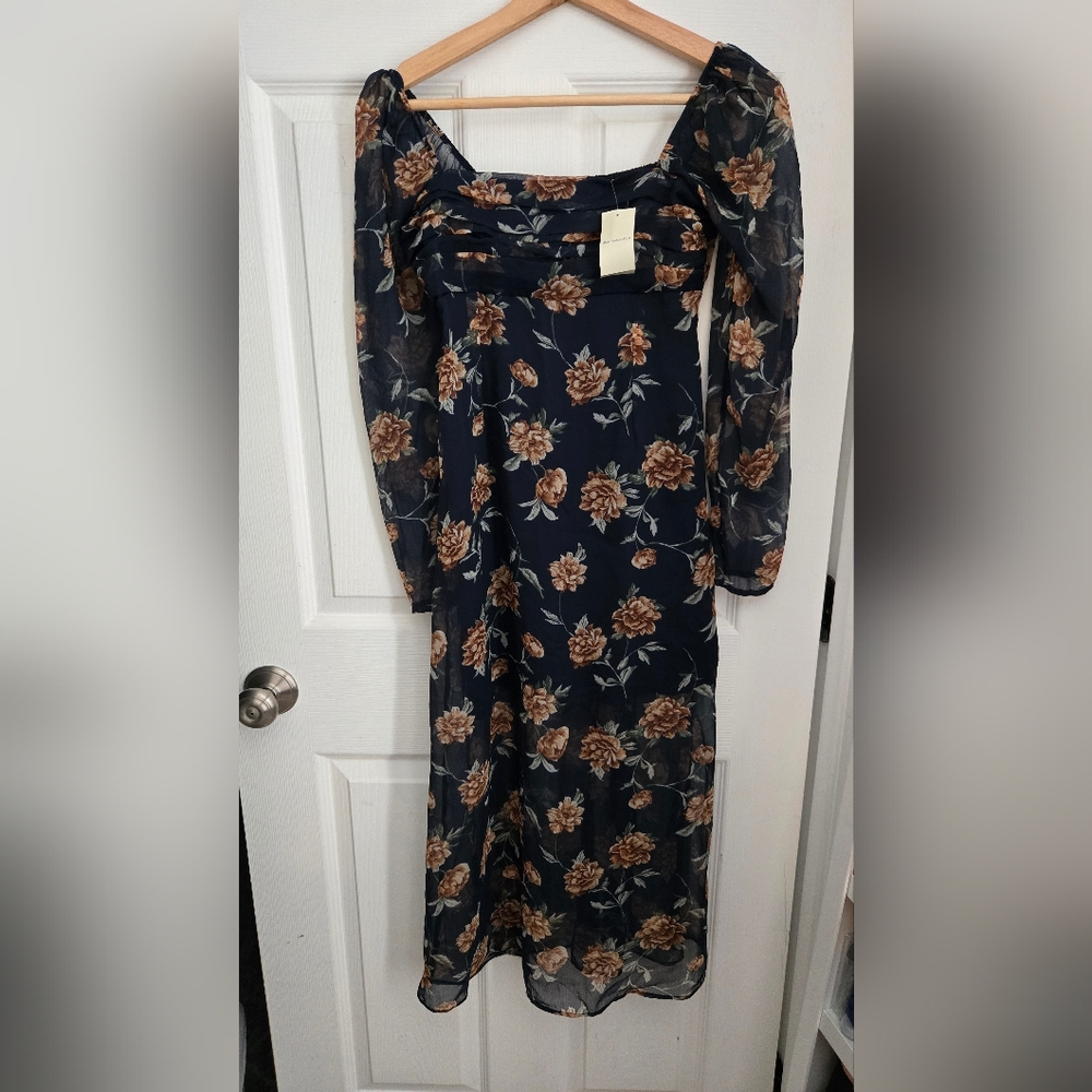 Floral Square-Neck Midi Dress in Navy and Brown XS Petite NWT